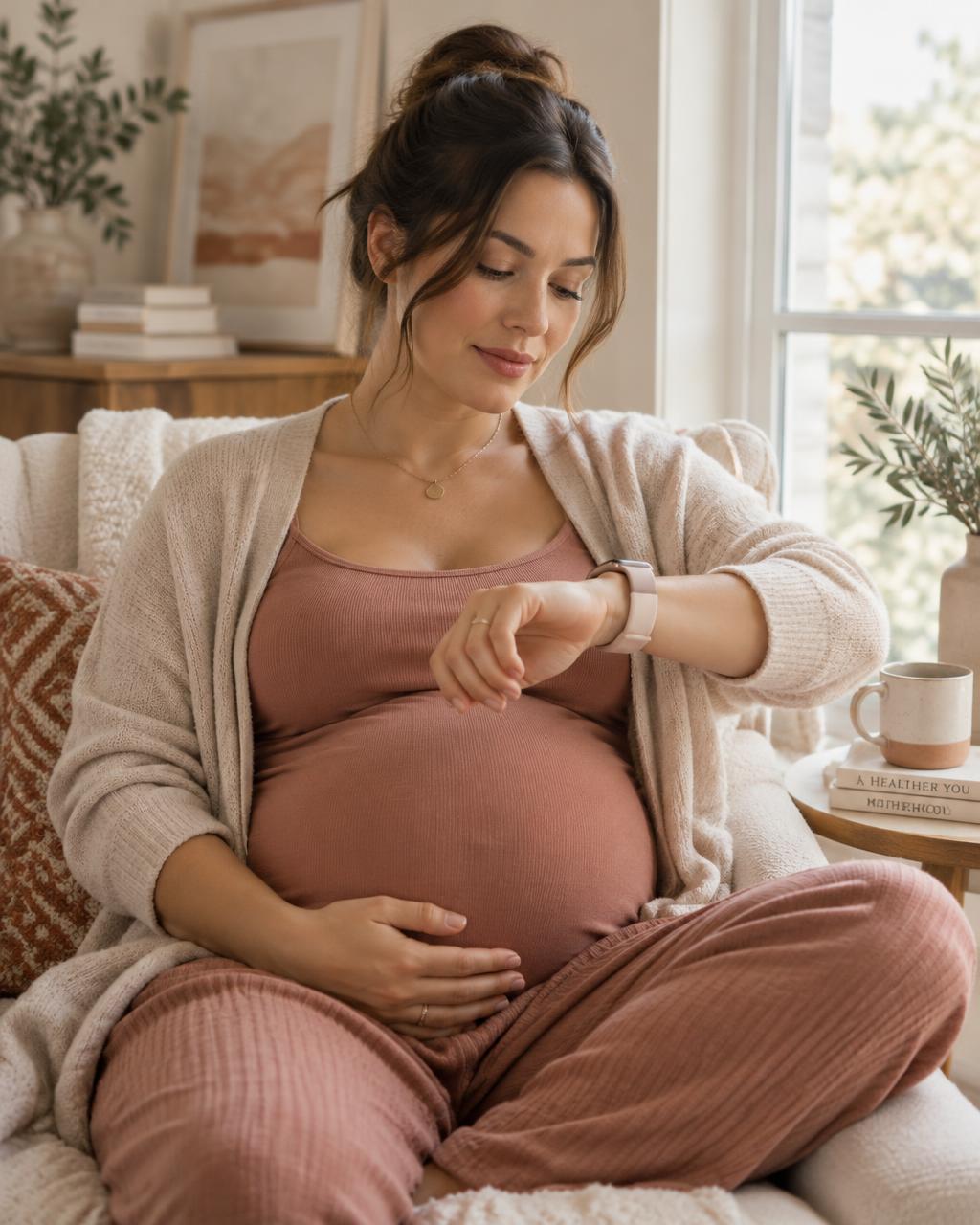 A pregnant woman on a sunlit sofa looking at the smartwatch on her wrist, one hand on her belly